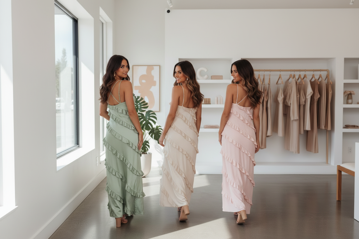 Ruffled Spaghetti Strap Maxi Dress - all three colors sage, beige and blush pink, walking away looking back at camera, boutique setting