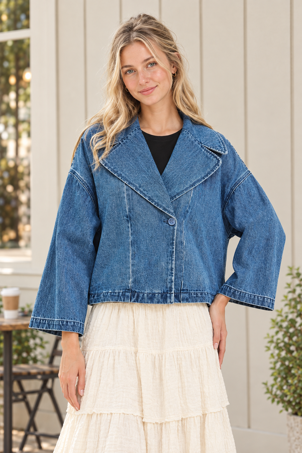 Buttoned blue cropped denim jacket with oversized notched lapels and wide sleeves, styled with an ivory tiered skirt, hand at hip.