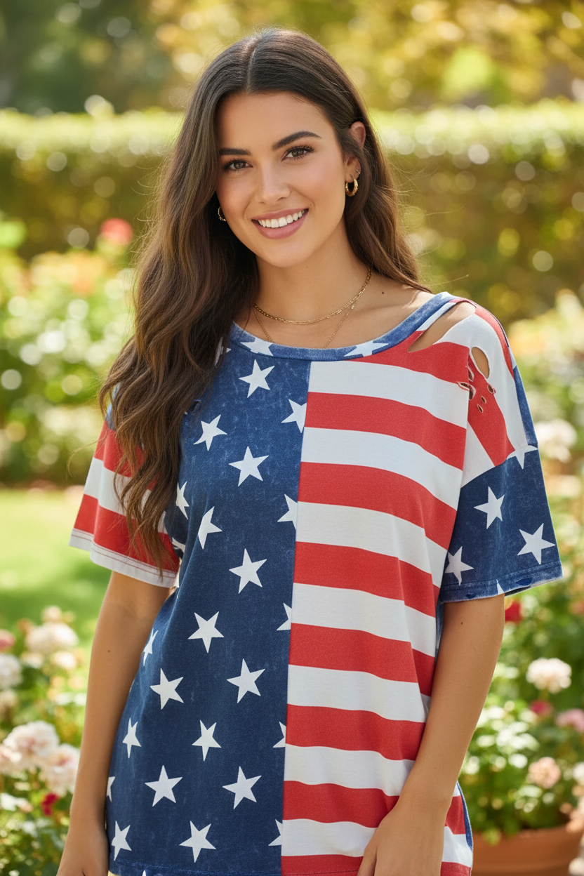 Americana distressed flag graphic tee close-up — vintage navy and red stars and stripes graphic detail crew neckline