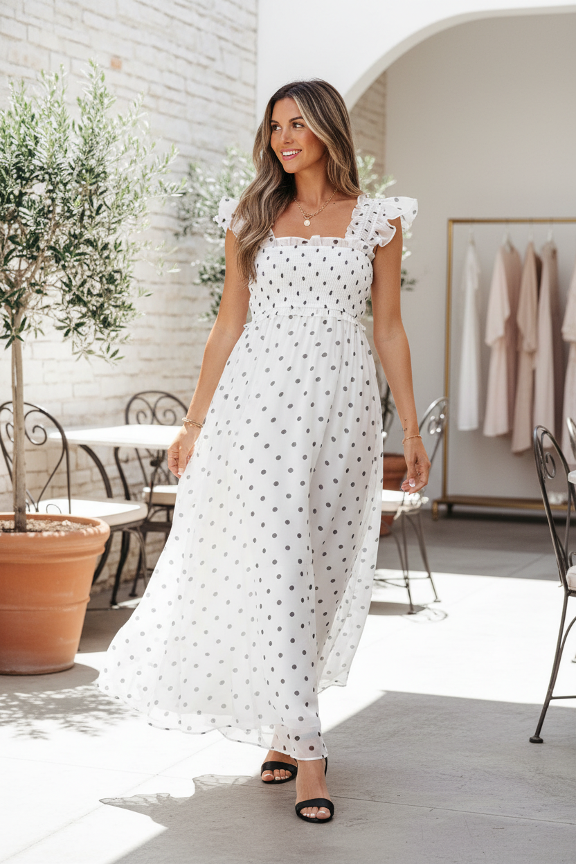 Blonde model in candid lifestyle shot wearing white polka dot flutter sleeve maxi dress outdoors — Thread Bar Boutique
