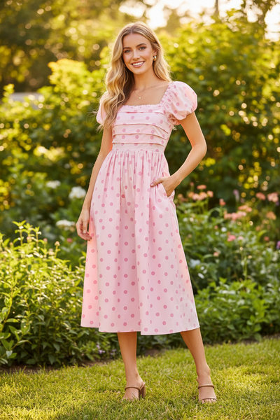Pink Polka Dot Smocked Waist Midi Dress