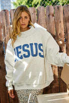 Reversible faith sweatshirt with Jesus and God Is Good text in ash grey and vintage blue mock neck