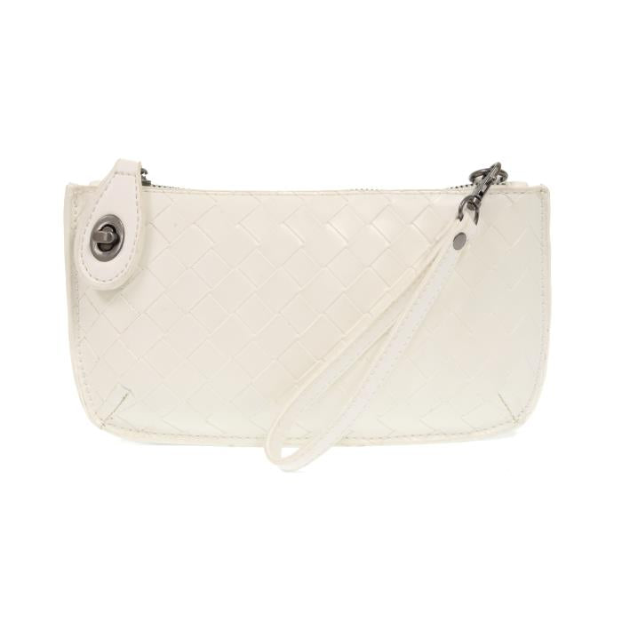 Wide-woven  white leather 3-in-1 crossbody bag in a sophisticated textured finish with brass turn lock closure.