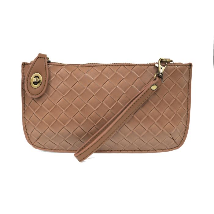 Wide-woven vegan leather 3-in-1 crossbody bag in a sophisticated textured finish with brass turn lock closure. chestnut