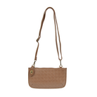 Wide-woven vegan leather 3-in-1 crossbody bag in a sophisticated textured finish with brass turn lock closure. chestnut color