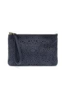 Quinn laser cut eyelet crossbody bag in soft vegan leather with adjustable shoulder strap and brass hardware. Navy