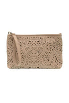 The Quinn convertible bag styled as a wristlet featuring a removable strap and top zip closure.