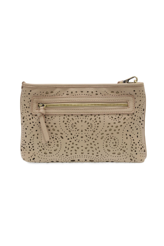Back view of the Quinn eyelet clutch showing the secure exterior zipper pocket for easy access.