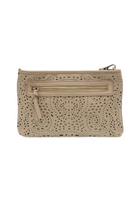 Back view of the Quinn eyelet clutch showing the secure exterior zipper pocket for easy access.