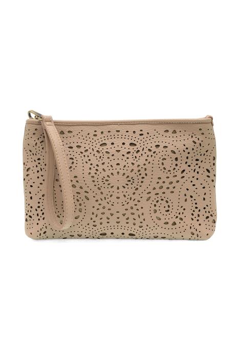 Quinn laser cut eyelet crossbody bag in soft vegan leather with adjustable shoulder strap and brass hardware. beige