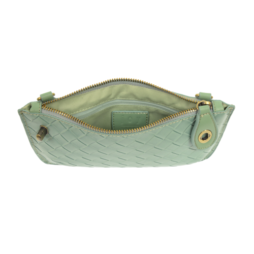 Interior of the woven bag showing six built-in credit card slots and a zippered privacy pocket for organization.