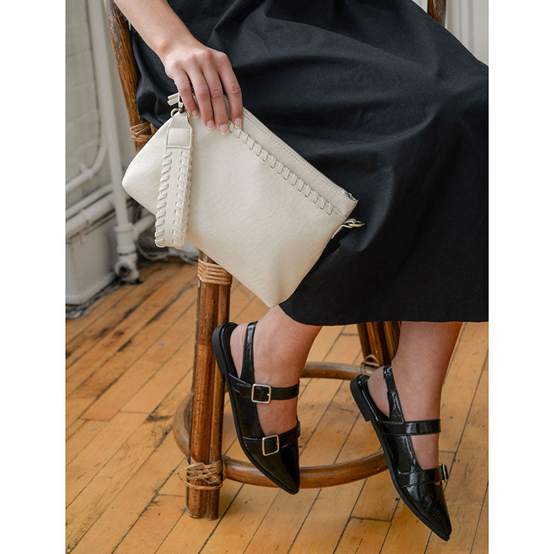 Joy Susan Oakleigh 3-in-1 crossbody bag in buffalo grain vegan leather with western whipstitch accents. cream
