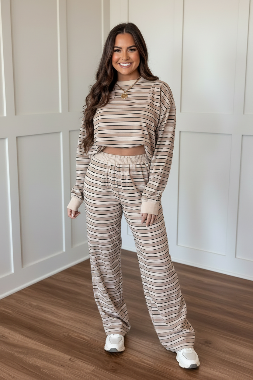 Khaki striped two-piece set with relaxed long-sleeve drop-shoulder top and matching wide-leg pants with elastic waistband and pockets