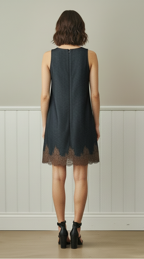 Women’s dark wash denim mini dress with lace hem trim by Able from Thread Bar Boutique