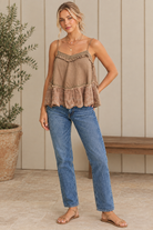 Mocha floral lace cotton flare cami with neutral strappy sandals, three-quarter view
