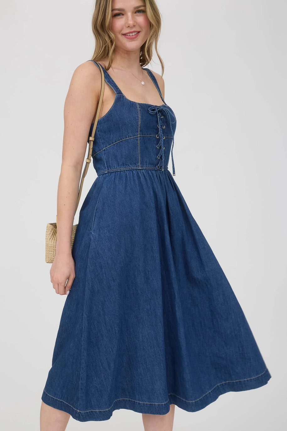 dark denim lace up midi dress for woman from Thread Bar Boutique