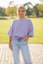 boxy lavender button down cardigan 3/4 length sleeve