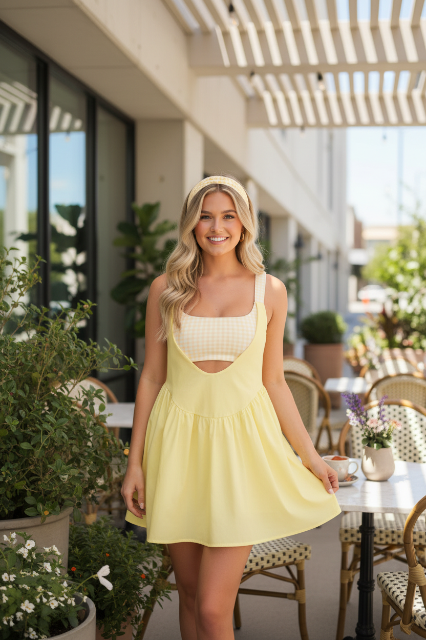 Gingham athleisure play dress with built-in shorts and bra from Thread Bar Boutique perfect for active days and casual outings in lemon