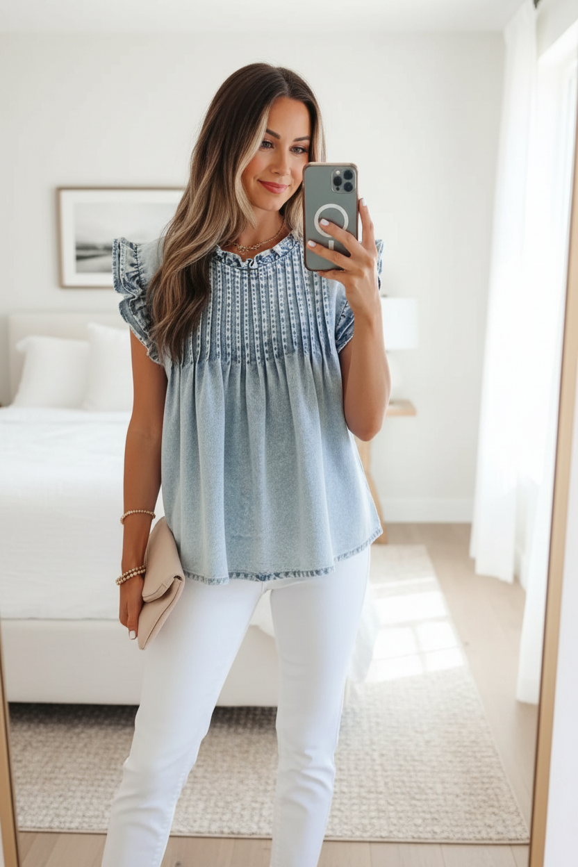 Light blue denim blouse with flutter sleeves, ruffle neckline, and relaxed babydoll fit