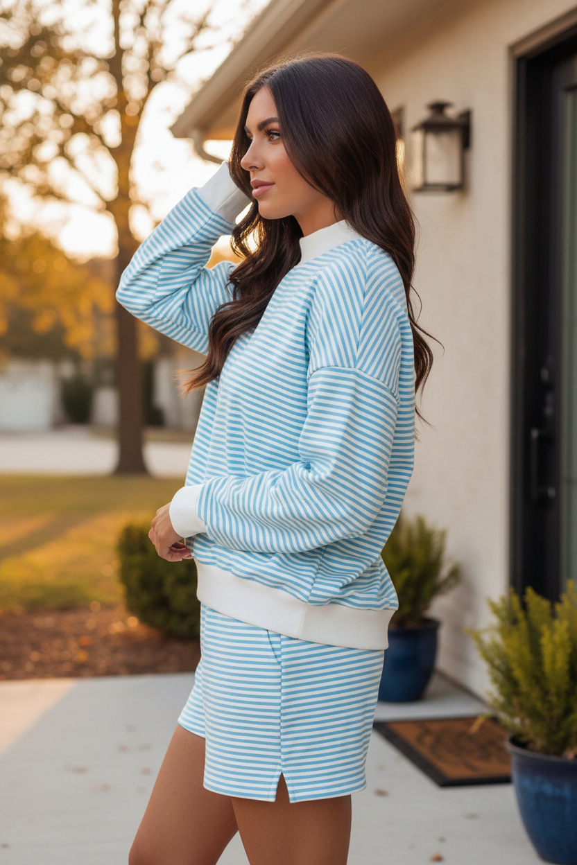Soft cotton sky blue striped short set with oversized sweatshirt and stretchy shorts, ideal for comfortable, put-together looks