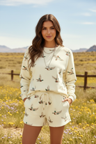 Women's mallard duck print matching set with long sleeve crewneck top and drawstring shorts, cute casual two-piece outfit