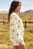 Mallard duck matching set for women with printed long sleeve crewneck and drawstring shorts, trendy nature-inspired casual outfit