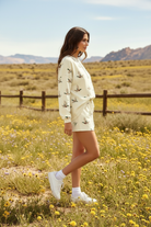Women's duck print lounge set with matching long sleeve top and shorts, cozy casual outfit for everyday wear and errands