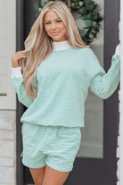 Green stripe matching sweatshirt and shorts outfit for women