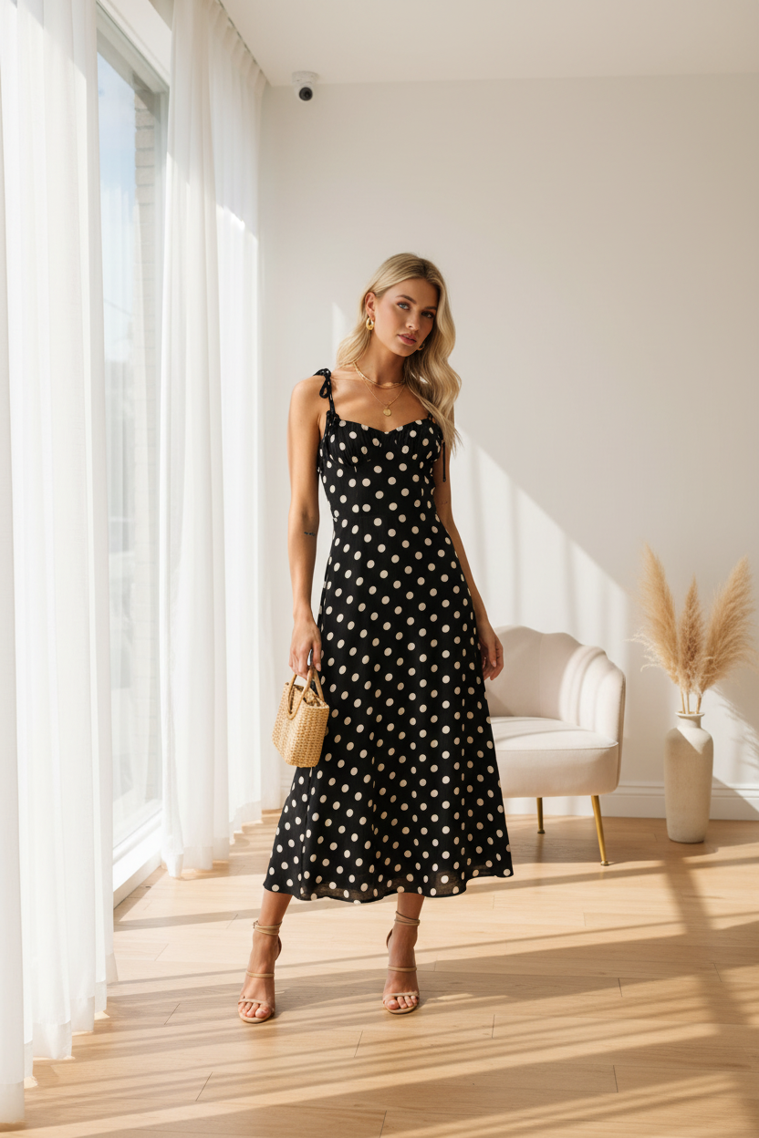 Flowy maxi dress with classic polka dot print and fitted bodice. Thread Bar Boutique