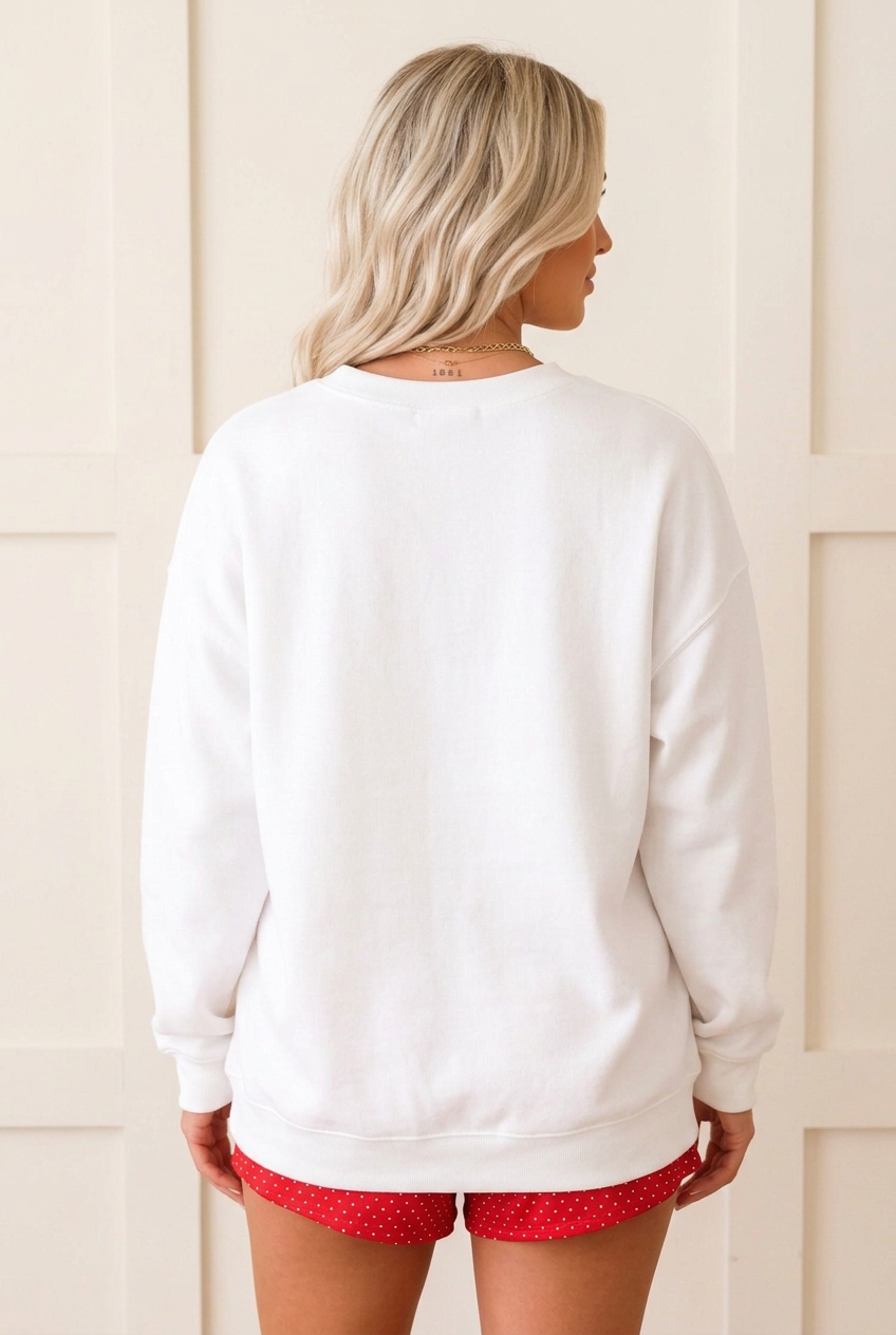 MERRY lounge set back view with blonde model and board-and-batten background