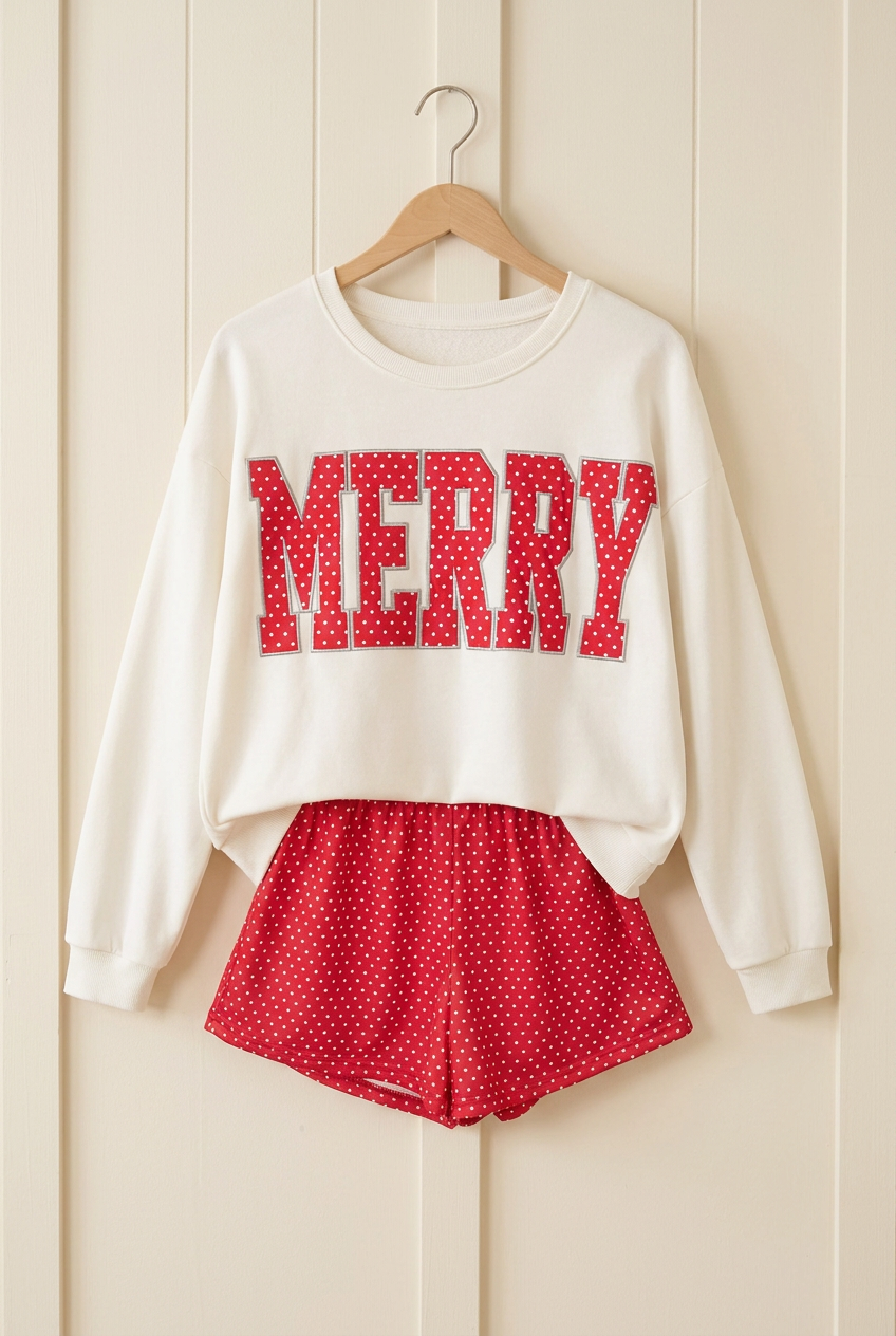 MERRY sweatshirt and shorts hanging product photo