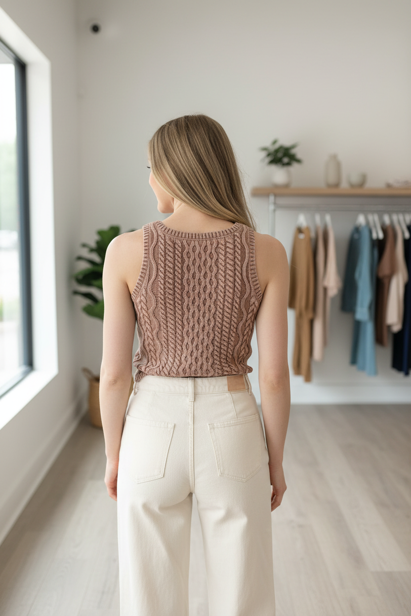 Women’s cable knit sleeveless top with soft cotton fabric and flattering silhouette