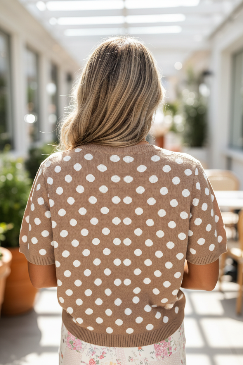 Polka dot short sleeve cardigan with button front and ribbed trim in dark khaki rear view