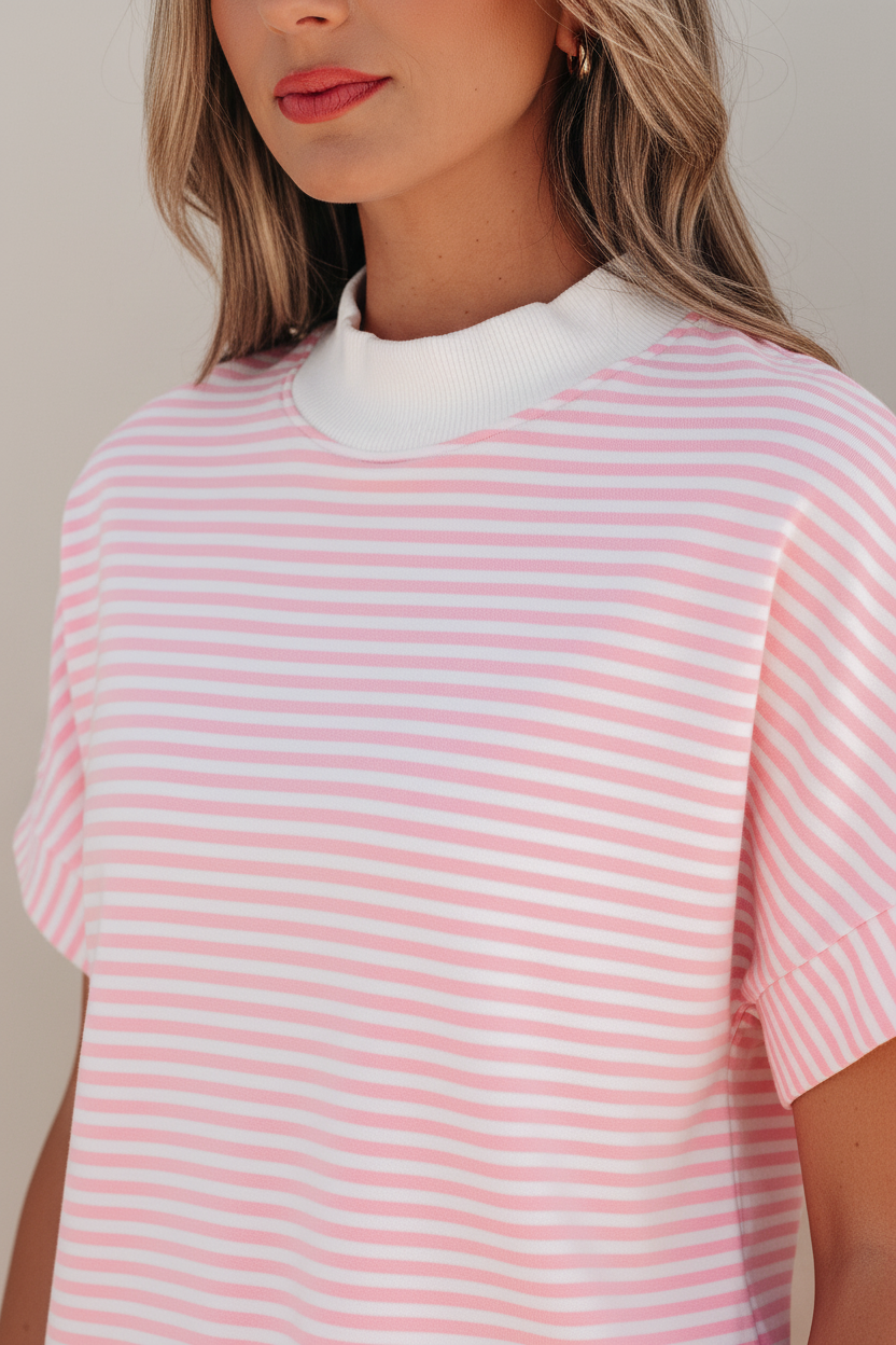 Close-up detail of white contrast ribbed mock neck collar and pink and white stripe soft cotton fabric on two-piece short set, Thread Bar Boutique