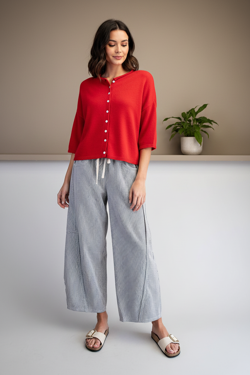 Women's navy stripe barrel leg pants relaxed full body look — cropped cardigan outfit inspo, wide leg tapered ankle style