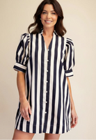 Striped puff sleeve mini dress with ruffle neckline and button-down front from Thread Bar Boutique