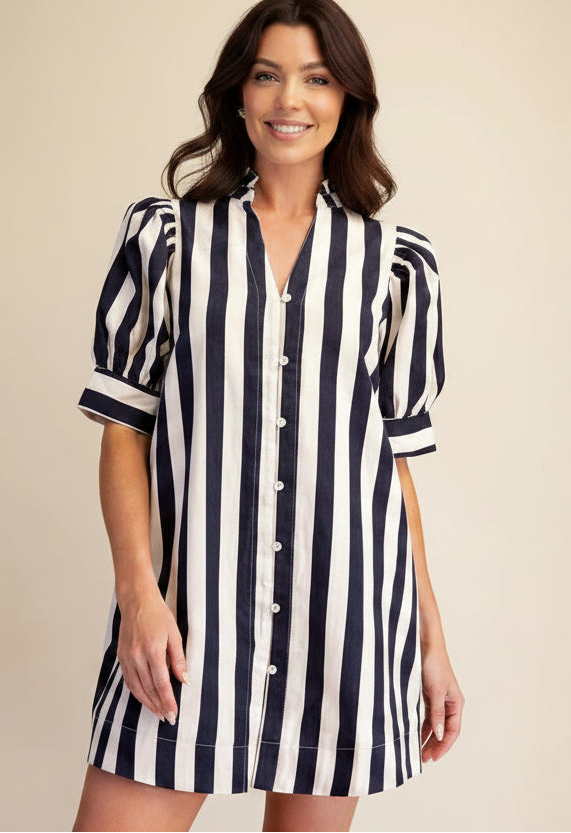 Striped puff sleeve mini dress with ruffle neckline and button-down front from Thread Bar Boutique