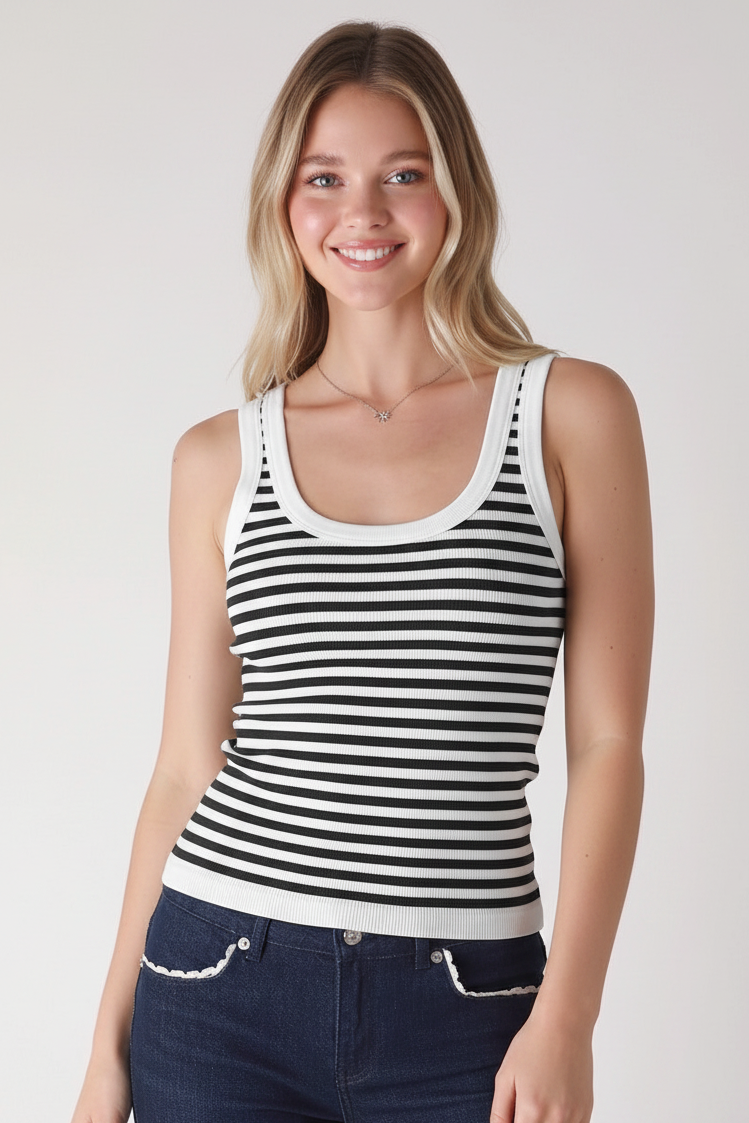 Nikibiki white black striped ribbed tank top - scoop neck with dark denim jeans