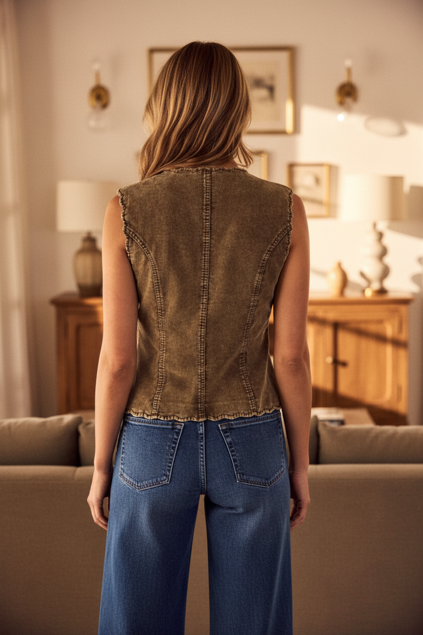 Washed olive corduroy vest with scallop edging and lightweight layering fit