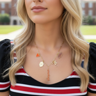 Oklahoma State Cowboys gameday charm necklace close-up on model with OSU charms