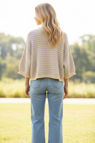 Oversized striped cardigan sweater for women featuring yellow and gray stripes, curly-edge trim, half sleeves, and a lightweight cotton knit perfect for transitional weather and effortless layering.
