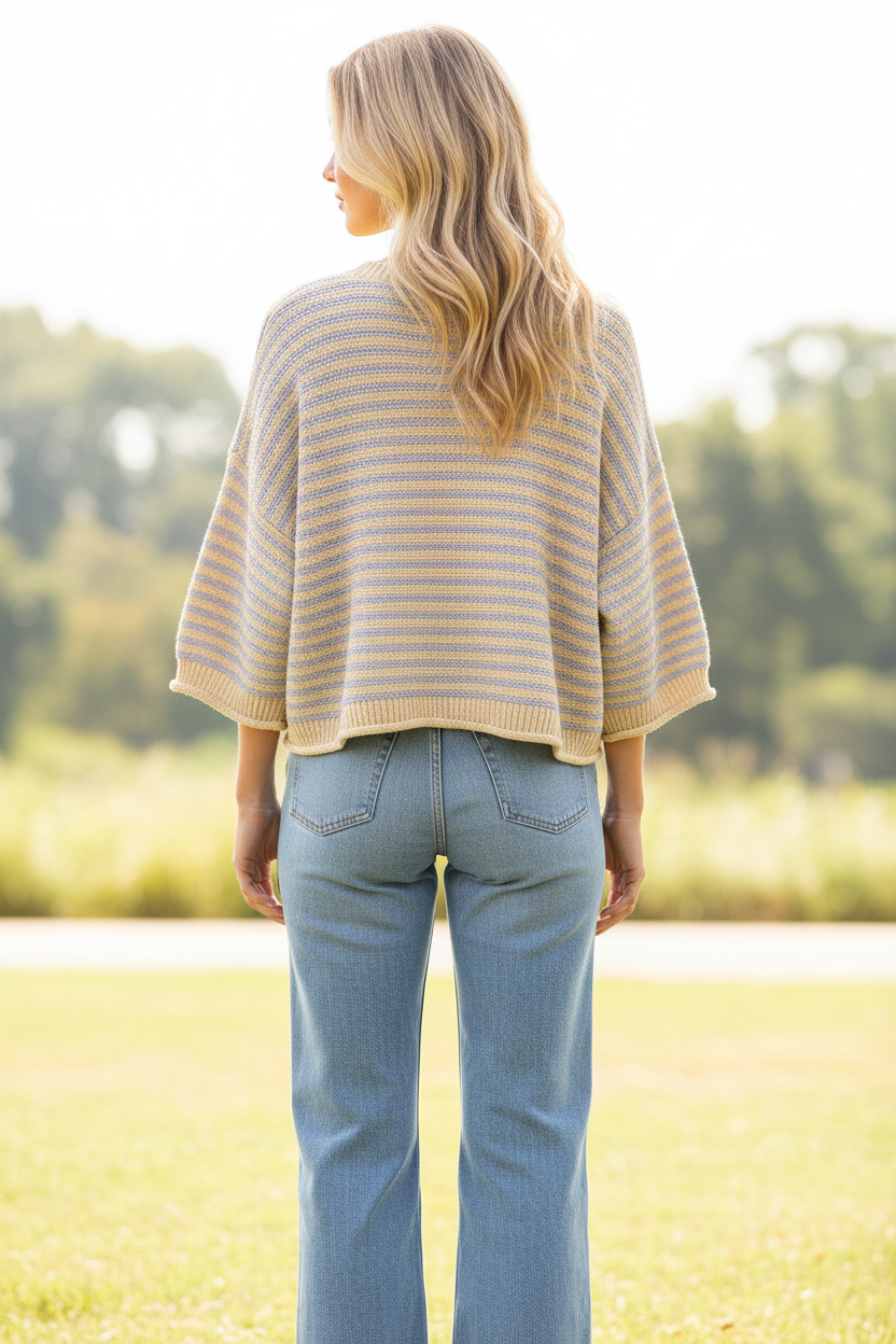 Oversized striped cardigan sweater for women featuring yellow and gray stripes, curly-edge trim, half sleeves, and a lightweight cotton knit perfect for transitional weather and effortless layering.