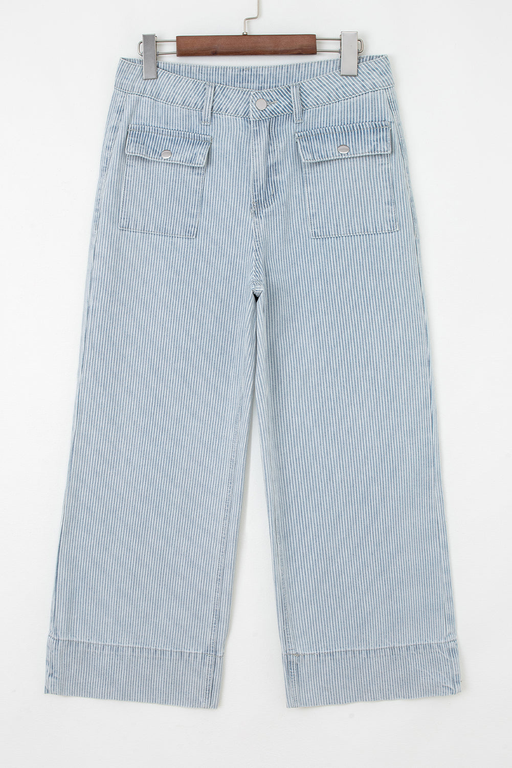 Light wash wide leg jeans with vertical stripe design and soft denim fabric