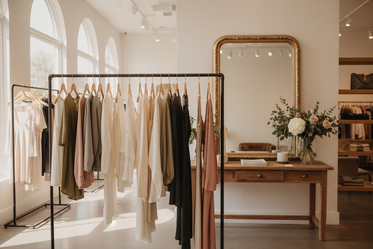 Clothing rack with dresses in a well-lit room with a mirror and table.