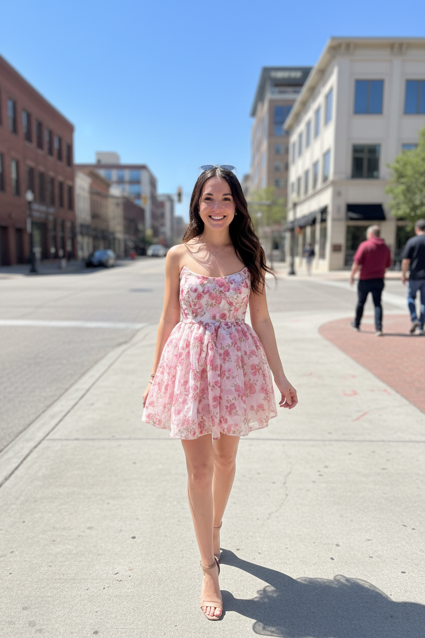 Pink floral dress - no watch front view