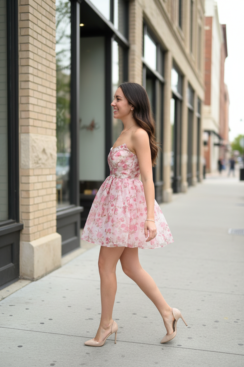 Pink floral dress - no watch side walking