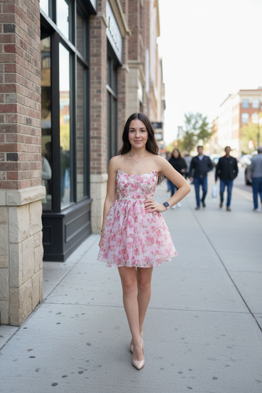 Pink floral dress urban - front view on street