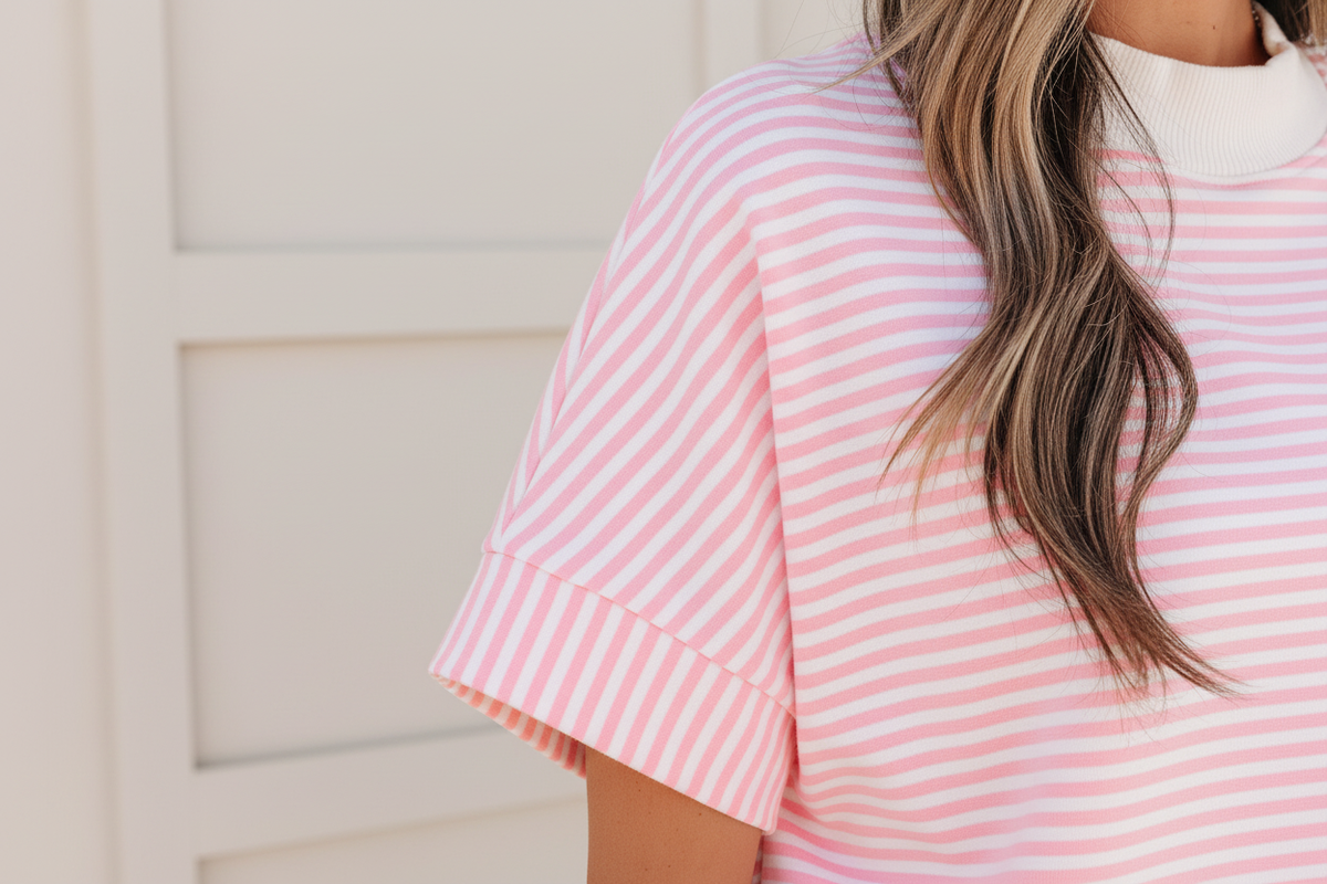Pink stripe casual two-piece set for women with relaxed tee and shorts from Thread Bar Boutique