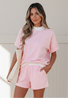 Pink striped mock neck tee and shorts set for women from Thread Bar Boutique