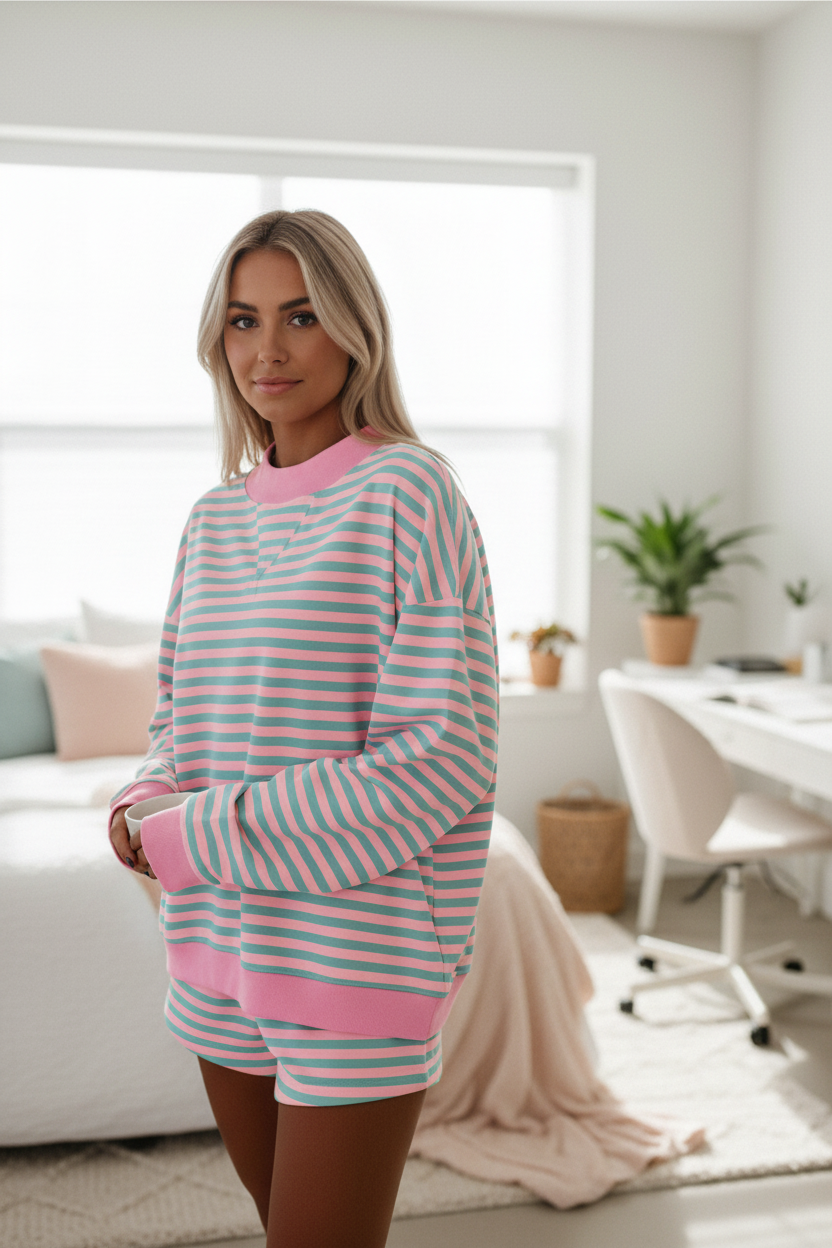 Pink and blue striped athleisure set with long sleeve crew neck sweatshirt and stretchy pull-on shorts